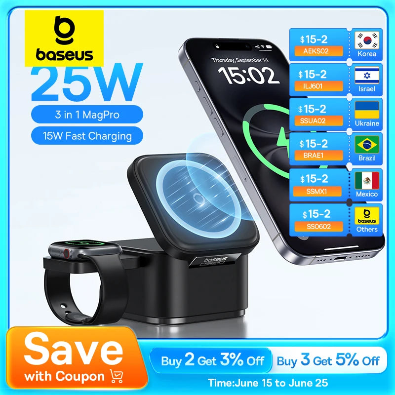 Carregador Indução BASEUS 3 em 1  25W